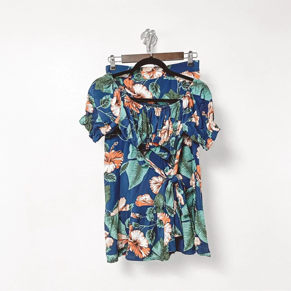 No Brand 100% Rayon Tropical Floral 2 Piece Crop Top Chic Skirt Set Blue‎